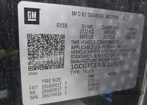 2020 Chevrolet Colorado 4Wd Short Box Lt z USA, uszkodzony, nr VIN 1GCGTCEN3L1105707